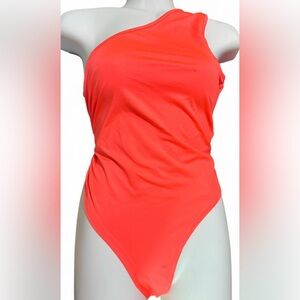 One-Shoulder Cut Coral Bodysuit Top Stretch Fabric Women’s Size XL